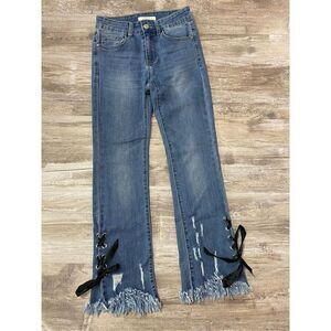 Redial Premium Denim Jeans Distressed Raw Hem Ribbon Accent Women’s EU34 US Sz 0